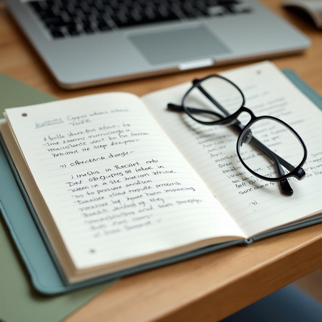 Notizbuch mit handschriftlichen Erklärungen zu Rentenbegriffen neben einem Laptop