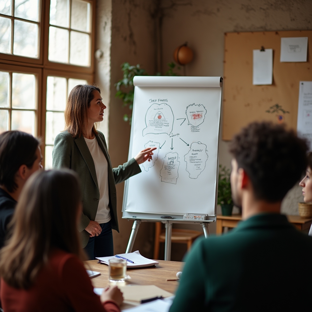 Referentin erklärt Rentenmodelle in einem Workshop am Flipchart